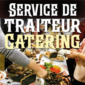 A long buffet table with tons of seafood delicacies and a white tablecloth. Many people are serving themselves mussels, bay scallops, bacon-wrapped scallops, and other treats. Photograph taken at an event catered by Le Moque-Tortue.