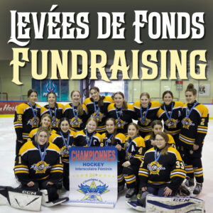 Shediac's LJR High School's girls' hockey team Les Patriotes posing in their uniforms in front of the Championship Banner at the Shediac Festival Arena