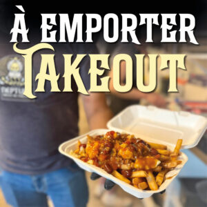 A staff member of Shediac's Neptune Drive-In Theatre showing off a pulled pork poutine with beef gravy and cheese curds in an open takeout container.