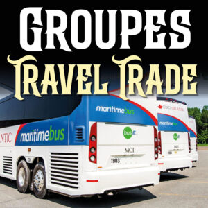 Maritime Bus tour buses parked one next to the other, with the words Travel Trade written above.